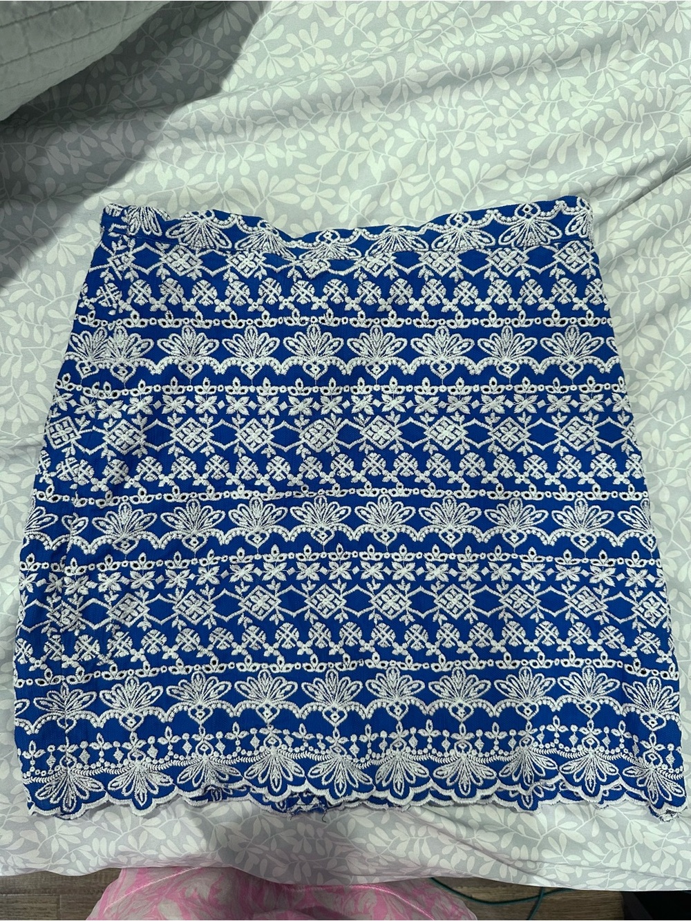 LOFT Blue and White Embroidered Mini Skirt